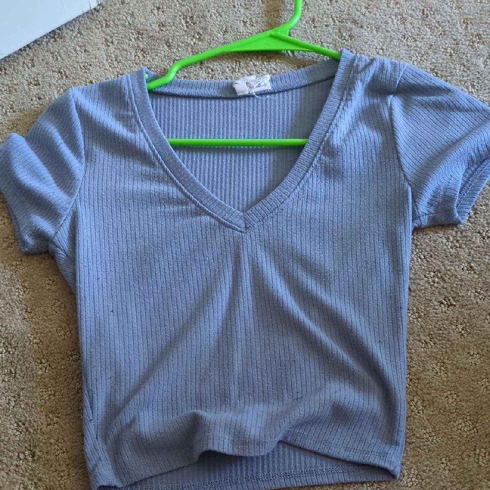 Women's V-Neck Ribbed Top - Light Blue